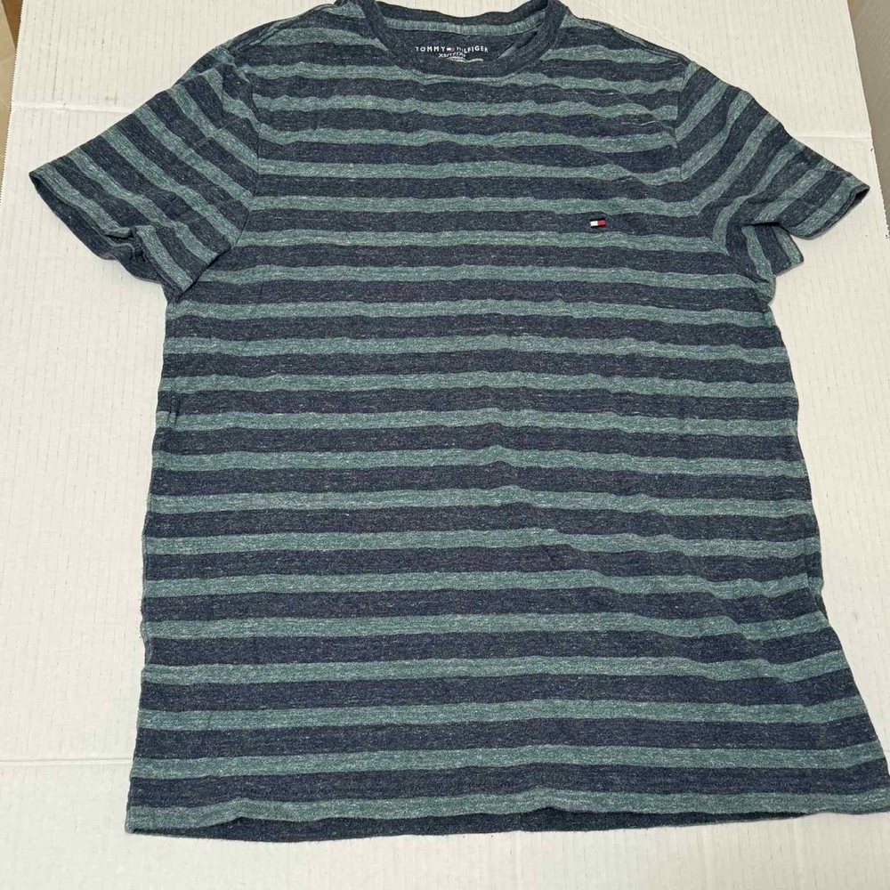 Tommy Hilfiger Men's Blue and Gray Striped Tee